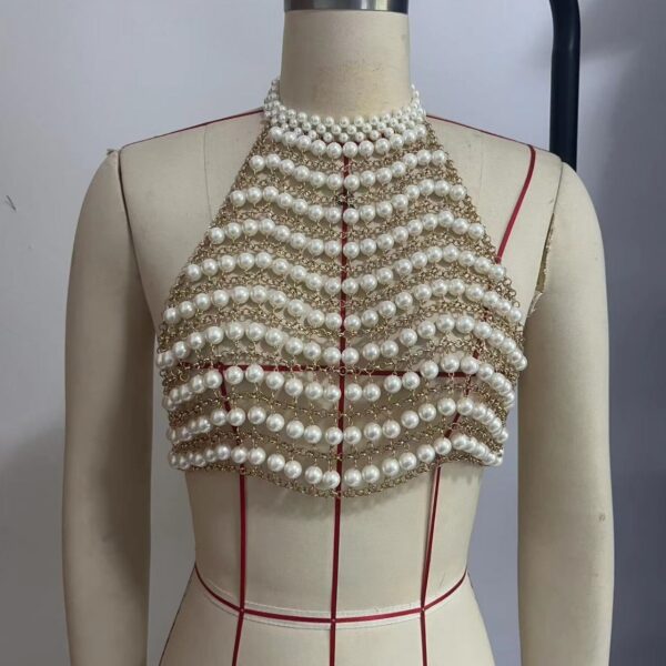 💎Luxury Pearl & Gold Body Chain Vest Top – Statement Festival & Beachwear - Image 4