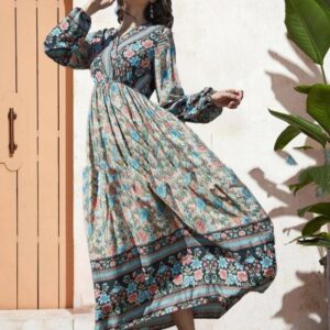 🌸Bohemian Floral Long Sleeve Maxi Dress – Vintage Swing Beach Dress for Women