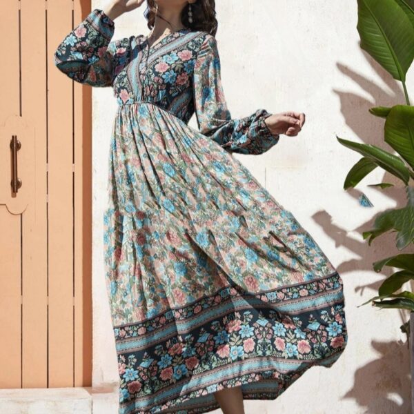 🌸Bohemian Floral Long Sleeve Maxi Dress – Vintage Swing Beach Dress for Women