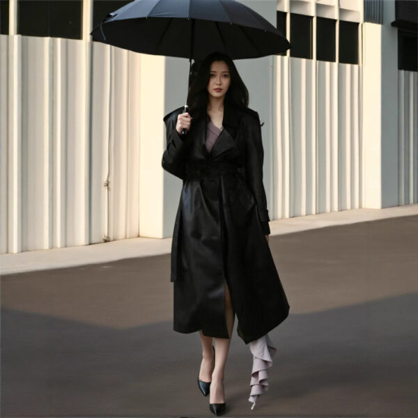 💥Black Windbreaker High-grade Long Tall PU Leather Jacket Overcoat - Image 4