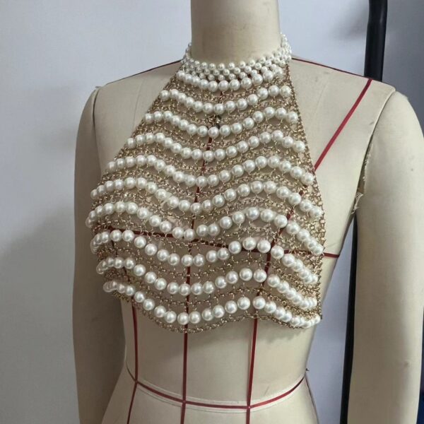 💎Luxury Pearl & Gold Body Chain Vest Top – Statement Festival & Beachwear - Image 3