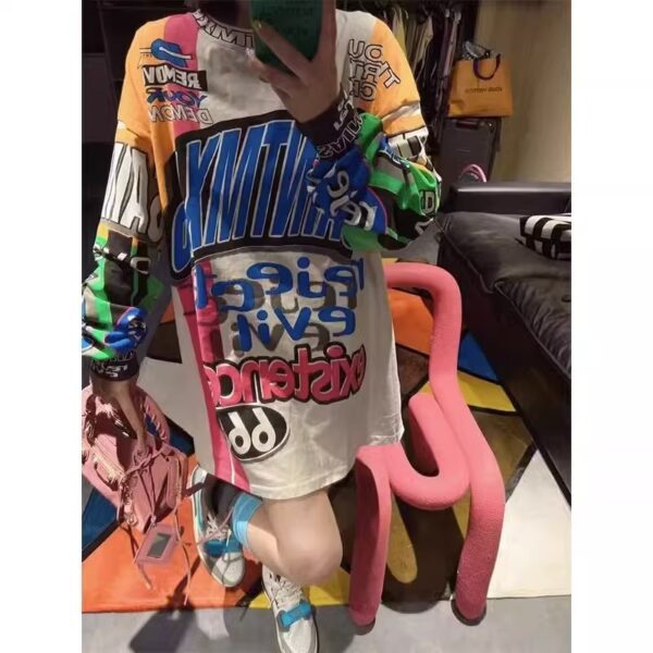 🧢 Oversized Streetwear Graphic Shirt Dress – Bold Print Long Sleeve Tee Dress for Women - Image 3