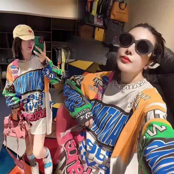 🧢 Oversized Streetwear Graphic Shirt Dress – Bold Print Long Sleeve Tee Dress for Women