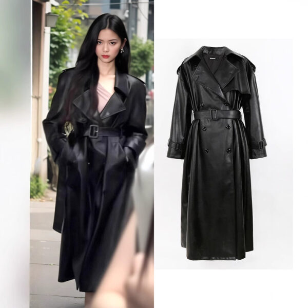 💥Black Windbreaker High-grade Long Tall PU Leather Jacket Overcoat - Image 3