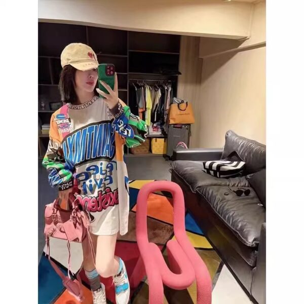🧢 Oversized Streetwear Graphic Shirt Dress – Bold Print Long Sleeve Tee Dress for Women - Image 4