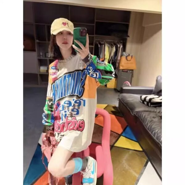 🧢 Oversized Streetwear Graphic Shirt Dress – Bold Print Long Sleeve Tee Dress for Women - Image 2