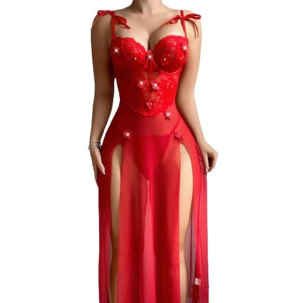 💋DesireFlare Sheer Red Lingerie Gown – Ignite the Night - Image 2