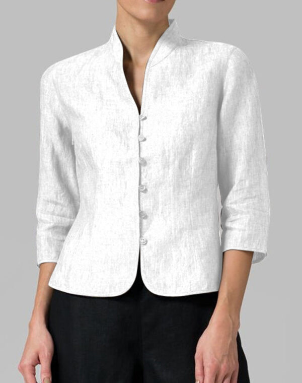 💚 Refined Simplicity – The Mandarin Collar Linen Blouse - Image 6