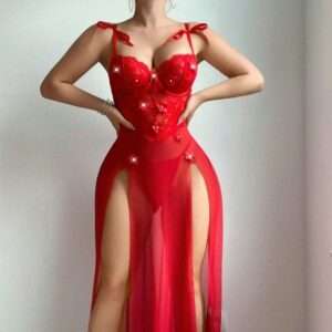 💋DesireFlare Sheer Red Lingerie Gown – Ignite the Night