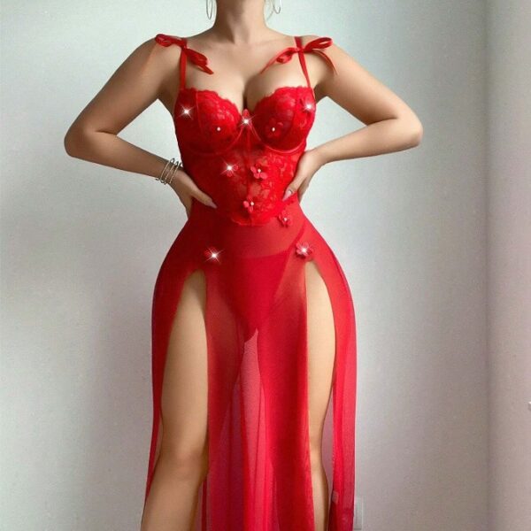💋DesireFlare Sheer Red Lingerie Gown – Ignite the Night