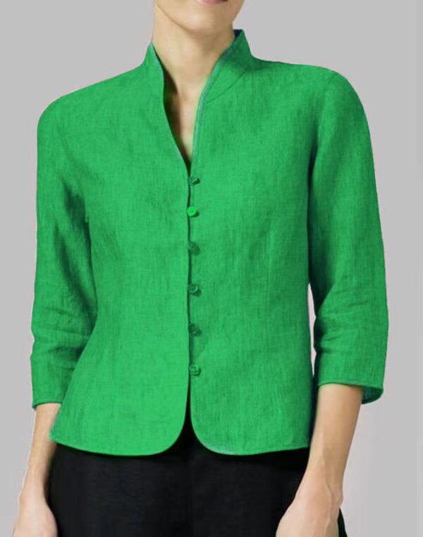 💚 Refined Simplicity – The Mandarin Collar Linen Blouse - Image 5
