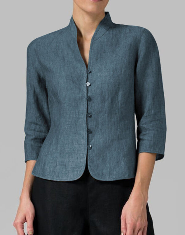 💚 Refined Simplicity – The Mandarin Collar Linen Blouse - Image 2