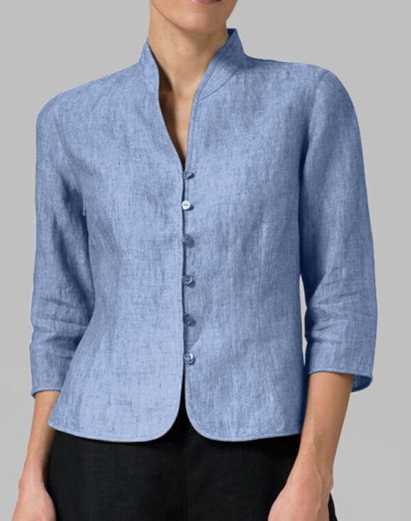 💚 Refined Simplicity – The Mandarin Collar Linen Blouse - Image 7