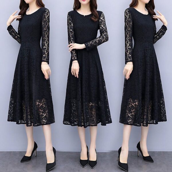 🖤 Midnight Grace – Elegant Lace A-Line Midi Dress