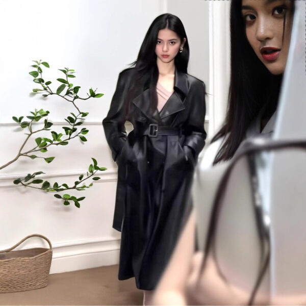 💥Black Windbreaker High-grade Long Tall PU Leather Jacket Overcoat - Image 5