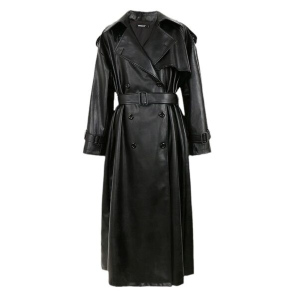 💥Black Windbreaker High-grade Long Tall PU Leather Jacket Overcoat - Image 2
