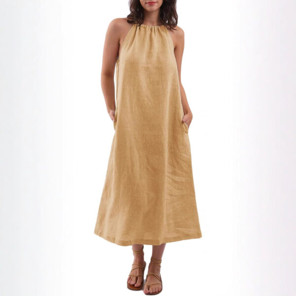 💙Stay cool and chic with the Coastal Breeze Halter Dress. Crafted from breathable linen in a flowy silhouette with pockets — it’s your ultimate summer essential. - Image 2