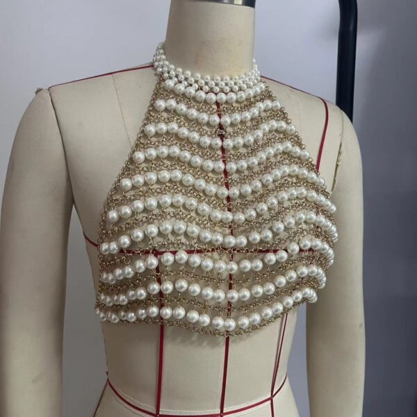 💎Luxury Pearl & Gold Body Chain Vest Top – Statement Festival & Beachwear - Image 2